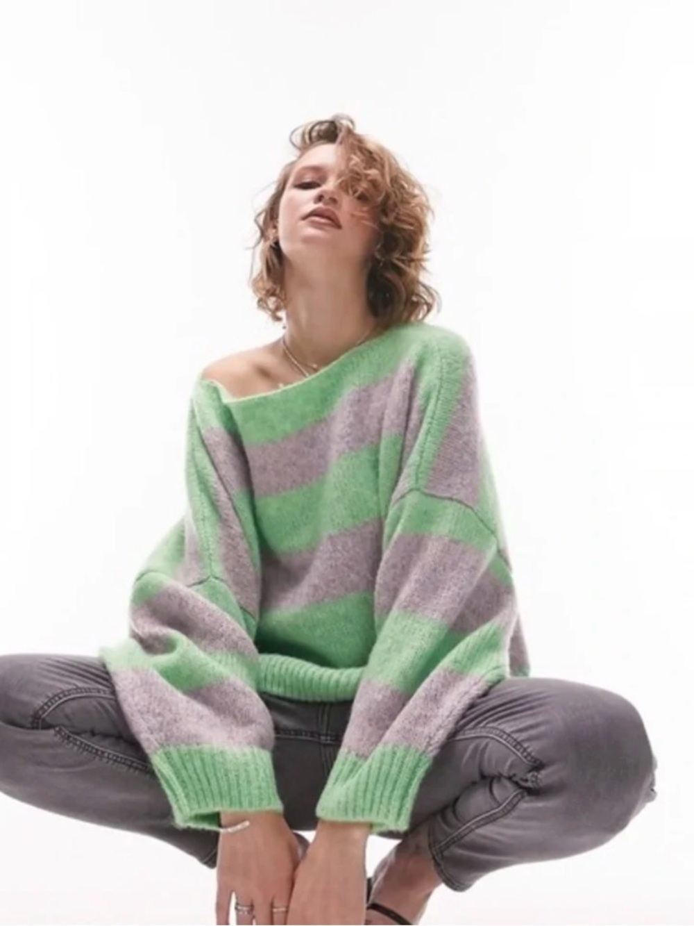 ASOS Topshop Knit Slouchy Sweater Green Lilac Women Size XL